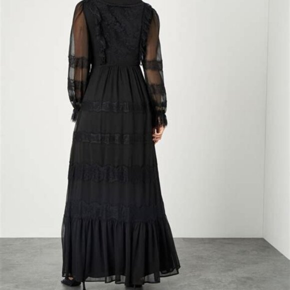 LACE TRIM COLLARED  AND LINED MAXI DRESS V-NECK ZIP CLOSURE & BUTTON FASTEN - Picture 4 of 5